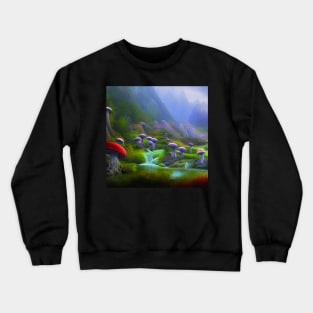 Beautiful Landscape Painting with mountains and big mushrooms, Mushrooms Crewneck Sweatshirt